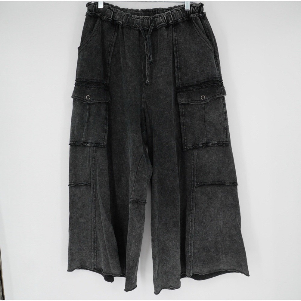 Easel Womens Utility Mineral Washed Wide Leg Terry Knit Cargo Pant Black Large - Picture 6 of 15